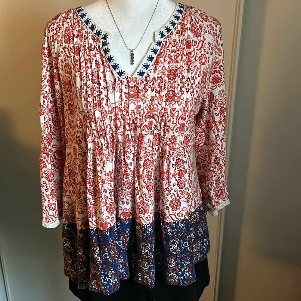Vintage America Boho Pleated Notch Neck Oversized Peasant Blouse